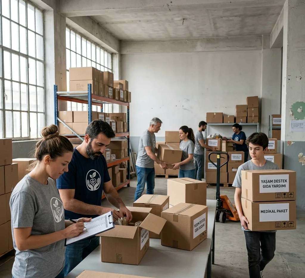 Yaşam Destek deposunda gönüllüler yardım paketleri hazırlıyor