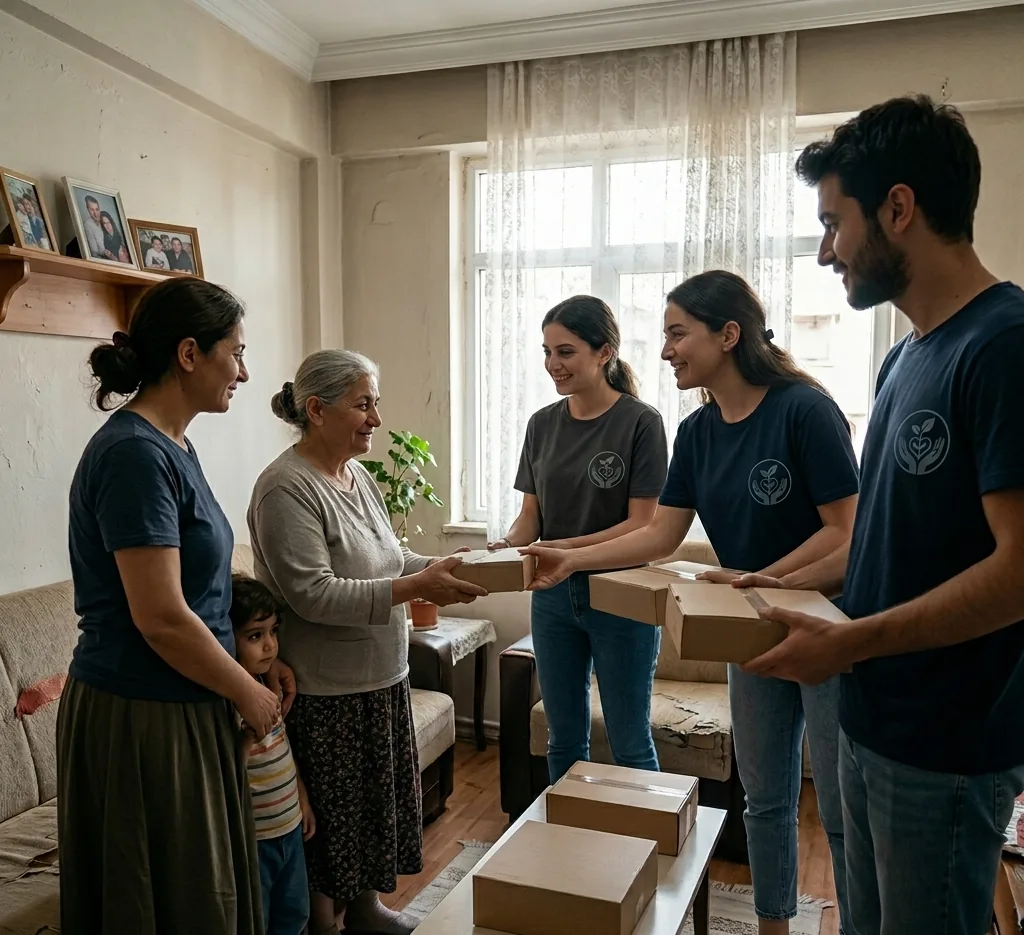 Yaşam Destek gönüllüleri aileye paket teslim ediyor